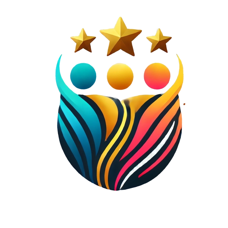 Colorful and modern logo featuring three users human figures with review golden stars above them, symbolizing excellence, trust, and teamwork. Designed with vibrant blue, gold, and red gradients for a premium look.