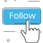 A blue "Follow" button with a black outlined hand cursor pointing at it, symbolizing social media engagement or subscription.