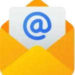 A yellow open envelope with a white letter inside, featuring a blue "@" symbol, representing email communication.