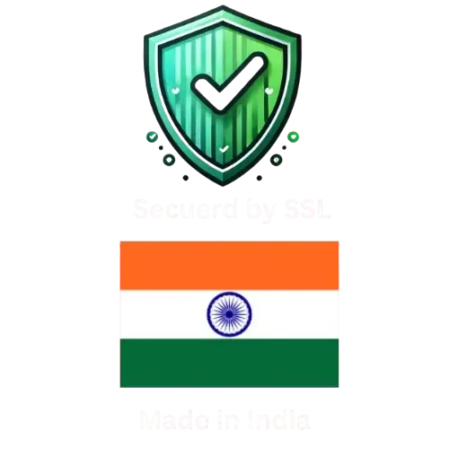 A green shield with a checkmark in the center, symbolizing security. Below it, the text reads 'Secured by SSL.' Further below, there is an Indian flag-inspired design with the text 'Made in India.